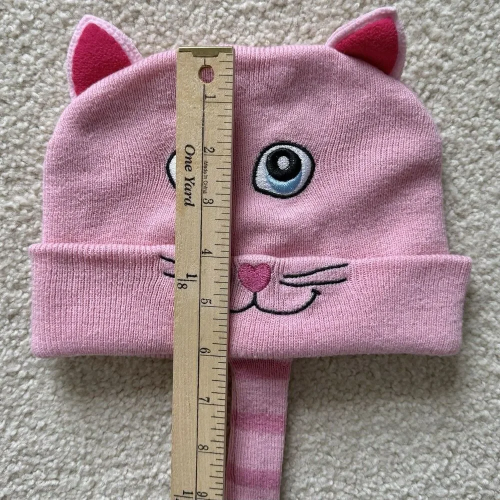 Western Chief Kids Pink Knit Winter Beanie Cap Hat Embroidered Cat Face & Tail